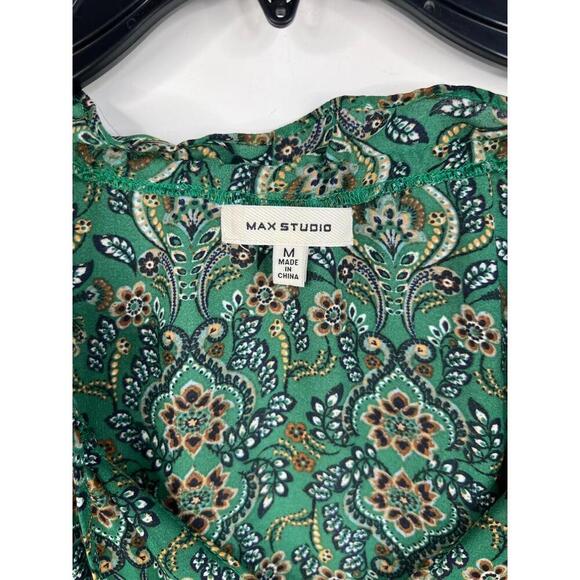 Max Studio Green  Peasant Blouse Ruffle Detail Patterned Short Sleeves Size M - Picture 5 of 13